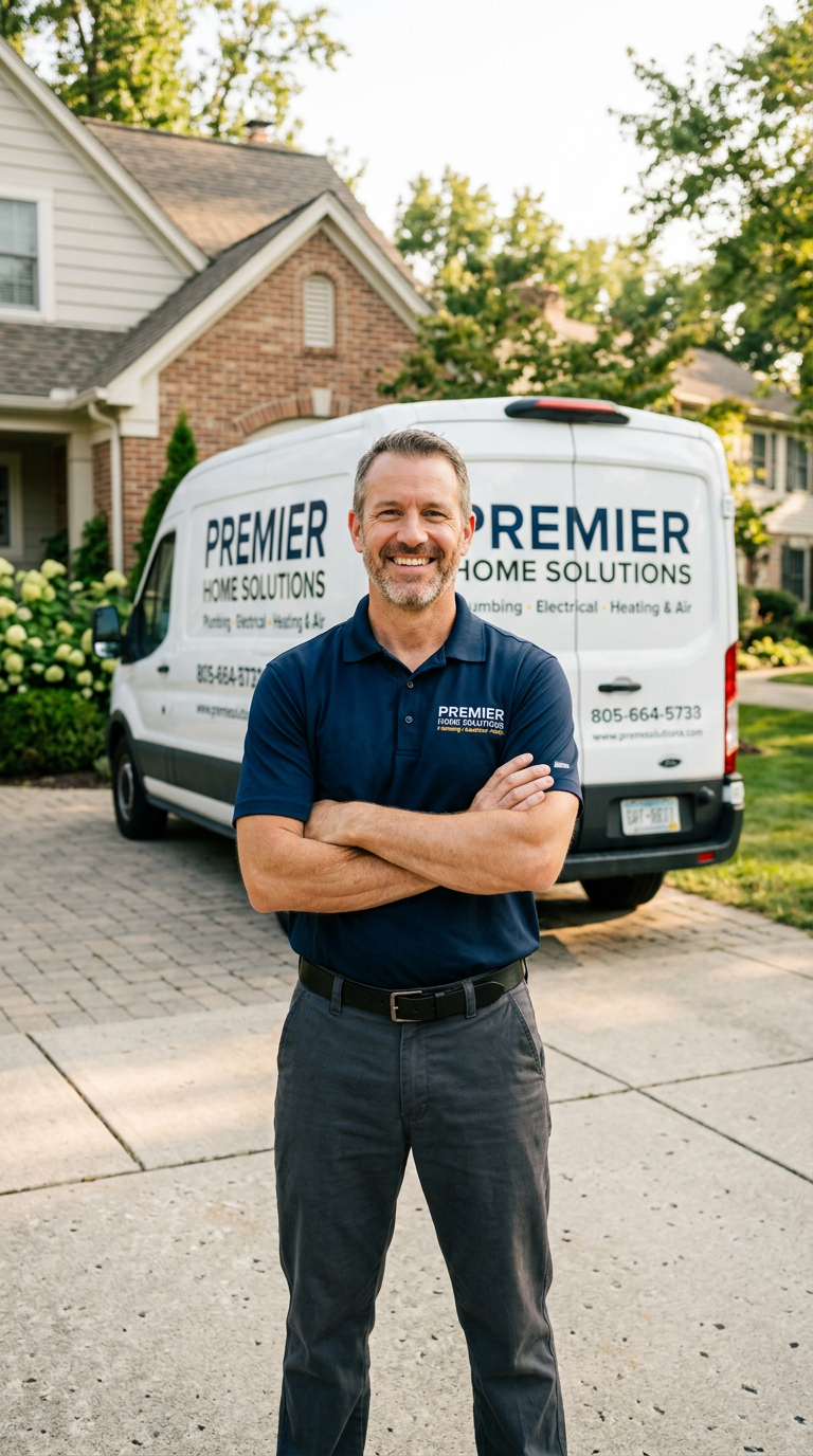 Local home services business owner standing in front of his service van